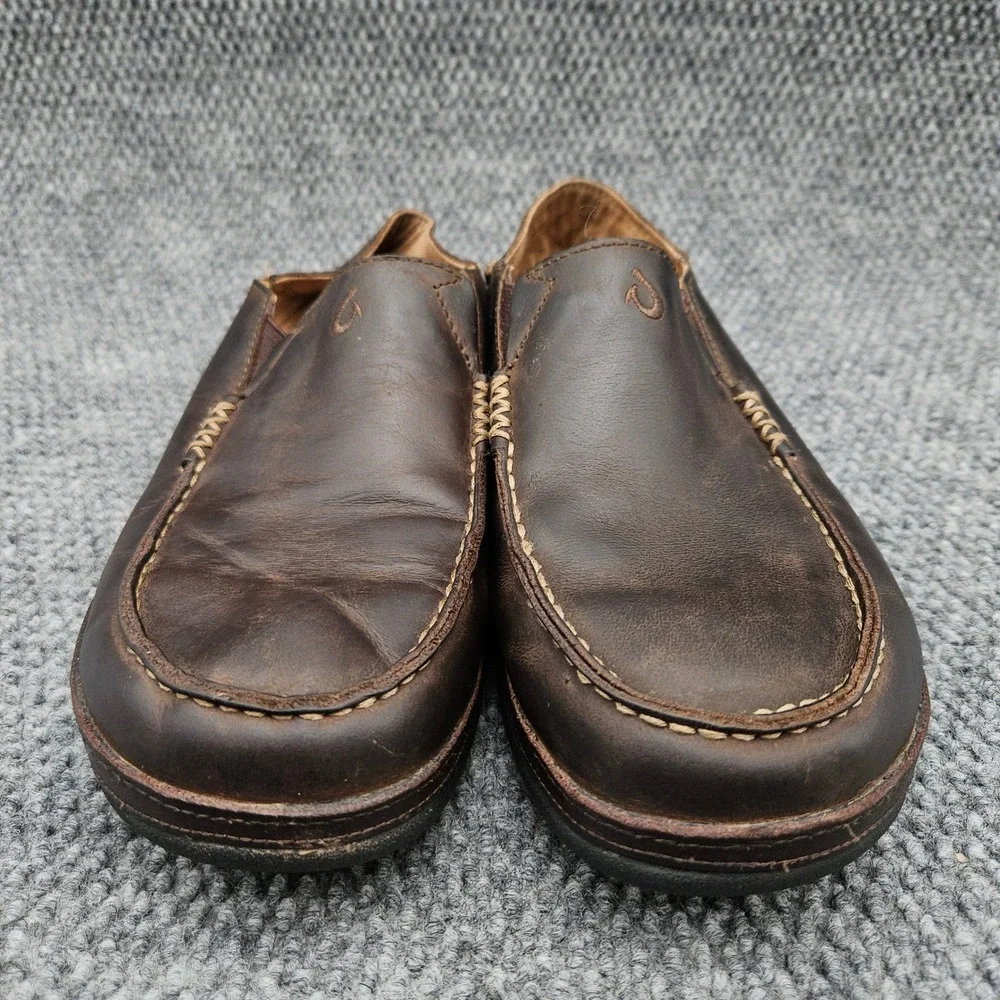 OluKai (Men's 9.5) Brown Moloa Leather Slip On Loafers Casual Shoes Moccasin